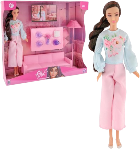 Doll with Living Room Set: Sofa, Cushions, Tea Cups, Lamp, Flowers and Phone